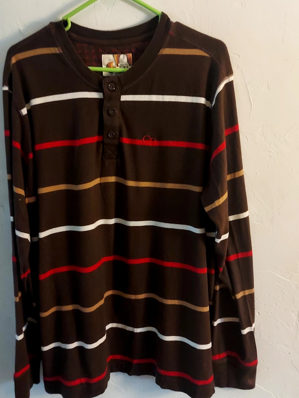 Y2K OP Men's Brown Crewneck Henley Sweater with Red, White, and Tan Stripes